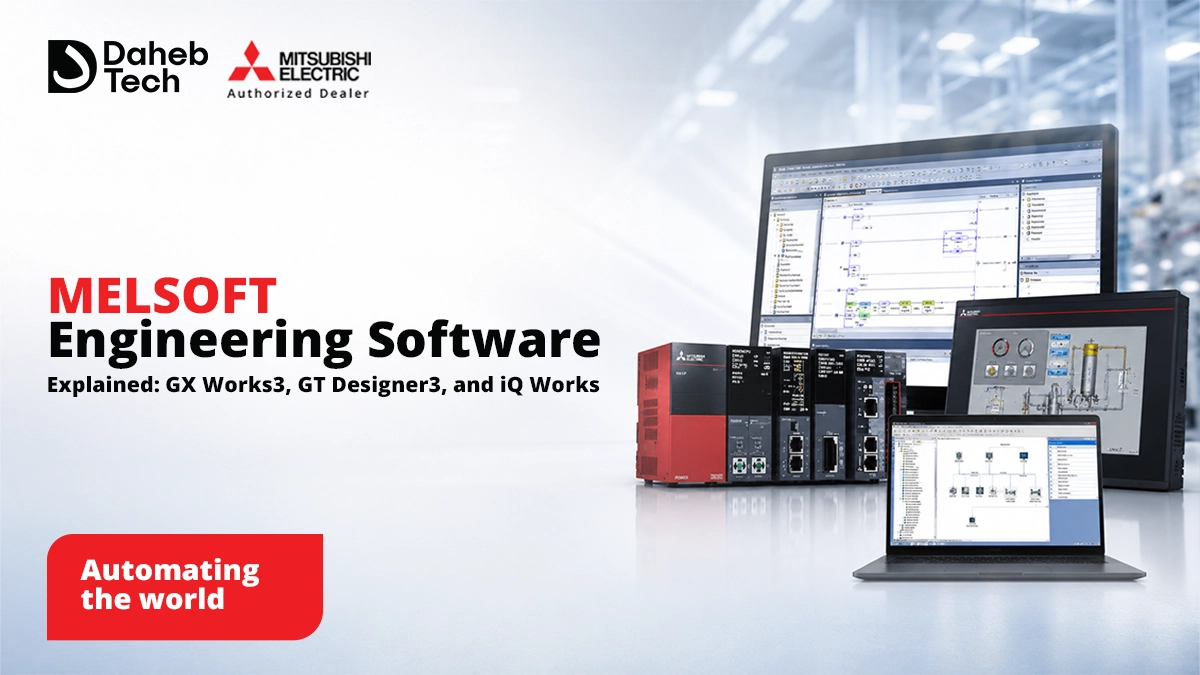 Engineer using Mitsubishi Electric GX Works3 software to program a PLC on a laptop